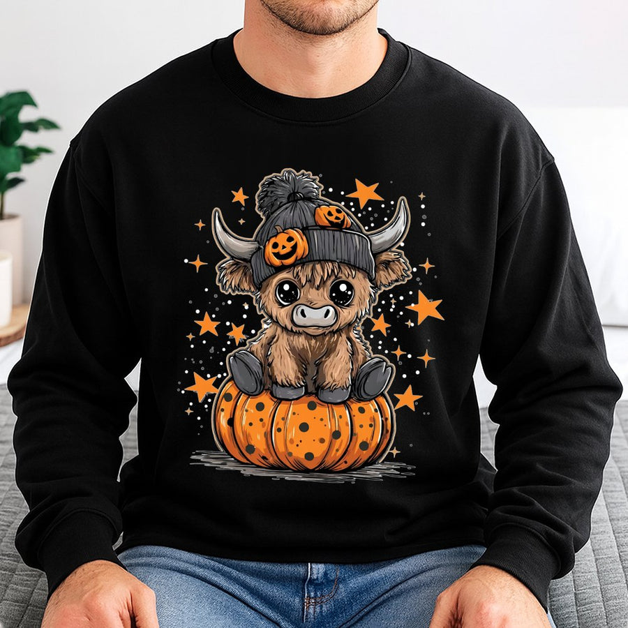 Highland Cow Halloween Sweatshirt | Cute Pumpkin Beanie Design | Premium Cotton Blend | Funny Fall Gift for Women and Cow Lovers