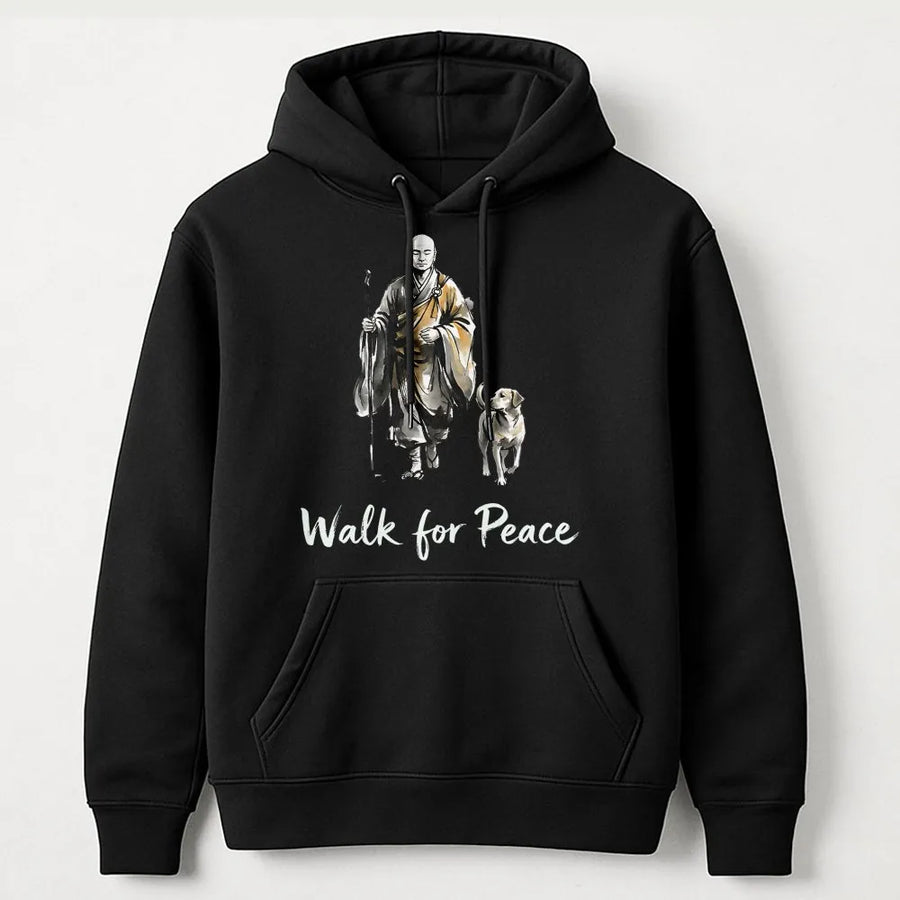 Walk For Peace Hoodie | Zen Monk And Dog Graphic Art | Premium Cotton-Blend Sweatshirt | Mindfulness Gift For Meditation Lovers