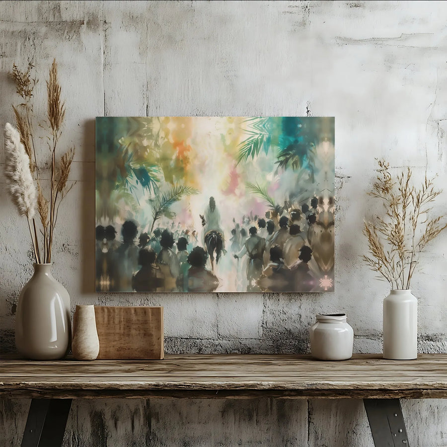 Palm Sunday Jesus Entry Canvas | Abstract Watercolor Biblical Wall Art | Premium Gallery Wrap Print | Christian Religious Home Decor Gift