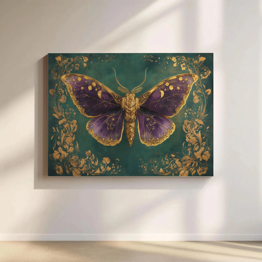 Celestial Lunar Moth Wall Art | Gold Filigree Botanical Print | Premium Gallery Wrapped Canvas | Moody Dark Academia Home Decor