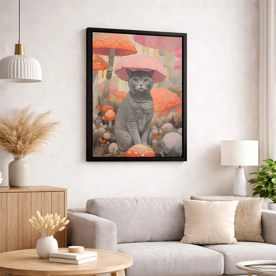 Gray Cat Wall Art | Whimsical Mushroom Forest Canvas Print | 1.25-Inch Gallery Wrap | Cute Cottagecore Decor Gift For Cat Lovers