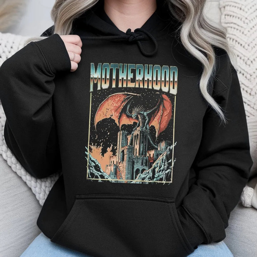 Motherhood Dragon Hoodie | Retro Dark Fantasy Graphic Sweatshirt | Premium Cotton Blend | Unique Gift for Mom Who Loves Fantasy Books