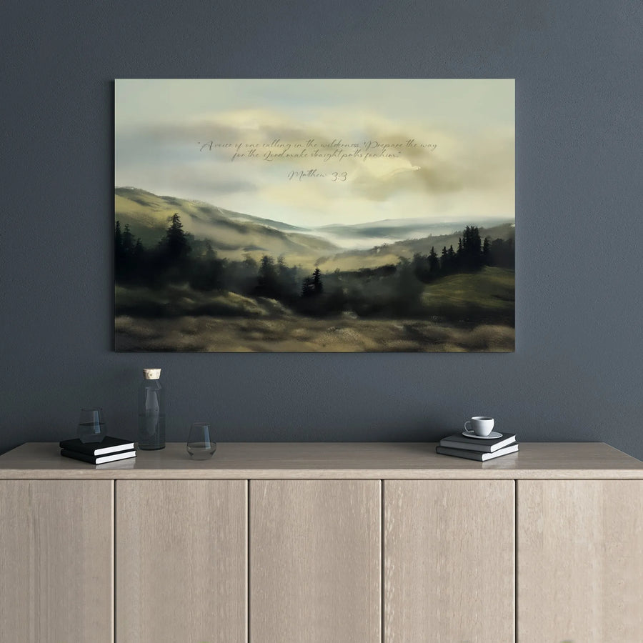 Matthew 3:3 Bible Verse Wall Art | Misty Landscape Forest Canvas | Premium Gallery Wrap Decor | Christian Gift for Home or Office