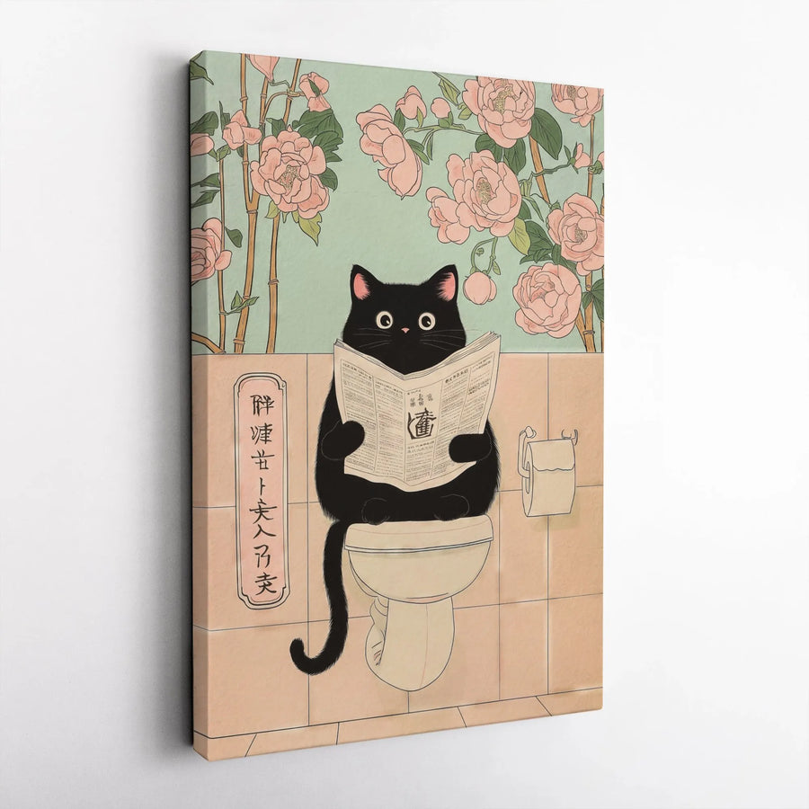 Black Cat Bathroom Wall Art | Ukiyo-E Style Japanese Poster | Premium Gallery Canvas | Funny Gift for Cat Lovers
