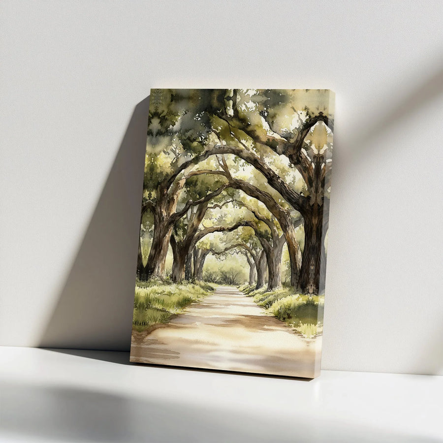 Watercolor Live Oak Tree Alley Vertical Canvas | Scenic Forest Path Landscape Wall Art | Premium 1.25 Inch Gallery Wrap | Cozy Nature Lover Gift