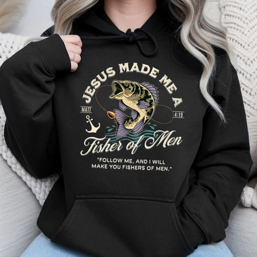 Fisher Of Men Hoodie | Jesus Christian Bible Verse Bass Fishing Graphic | Premium Unisex Pullover | Faithful Gift For Fishermen And Outdoor Lovers