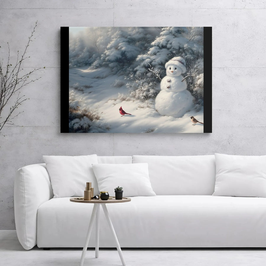 Snowman With Cardinal Canvas Wall Art | Snowy Winter Forest Scene | Premium Gallery Wrap Print | Festive Holiday Home Decor Gift