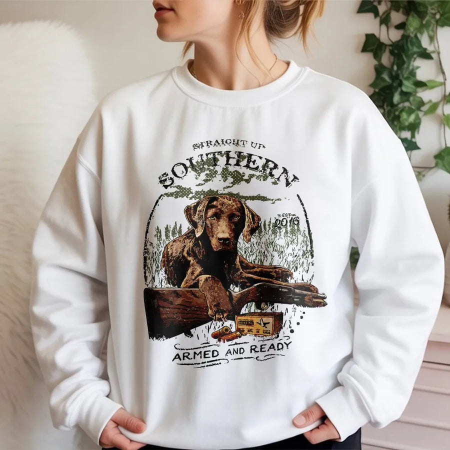 Southern Hunting Dog Sweatshirt | Retriever Field Art Graphic Print | Premium Cotton Blend Crewneck | Gift For Outdoorsman And Hunter