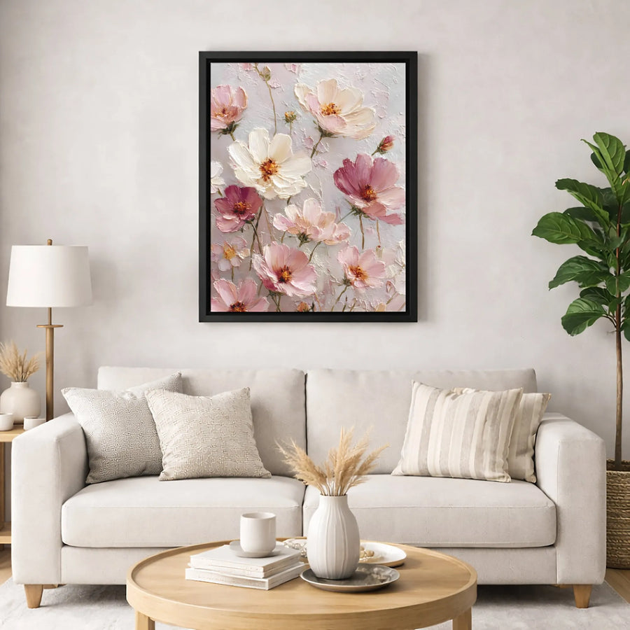 Pink Cosmos Floral Canvas Print | Impasto Oil Painting Style | Premium Fade-Resistant Wall Art | Elegant Home Decor Gift For Her