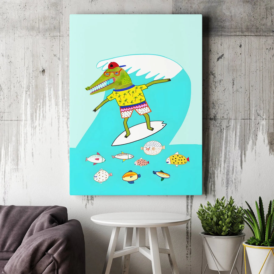 Surfing Alligator Wall Art | Fun Cartoon Animal Summer Beach Decor | Premium 1.25-Inch Thick Canvas | Coastal Gift for Kids Bedroom