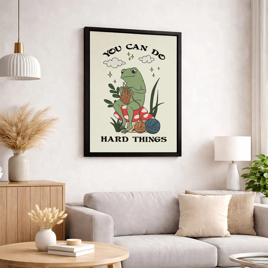 Knitting Frog Canvas Wall Art | You Can Do Hard Things Quote | Premium Cottagecore Aesthetic Decor | Inspirational Gift For Crafters And Knitters