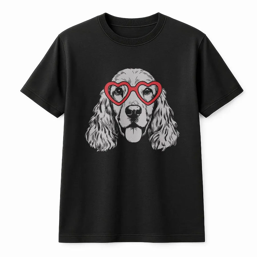 Cocker Spaniel T-Shirt | Dog Wearing Heart Glasses Graphic | 100% Cotton Premium Apparel | Cute Puppy Lover Gift for Dog Mom