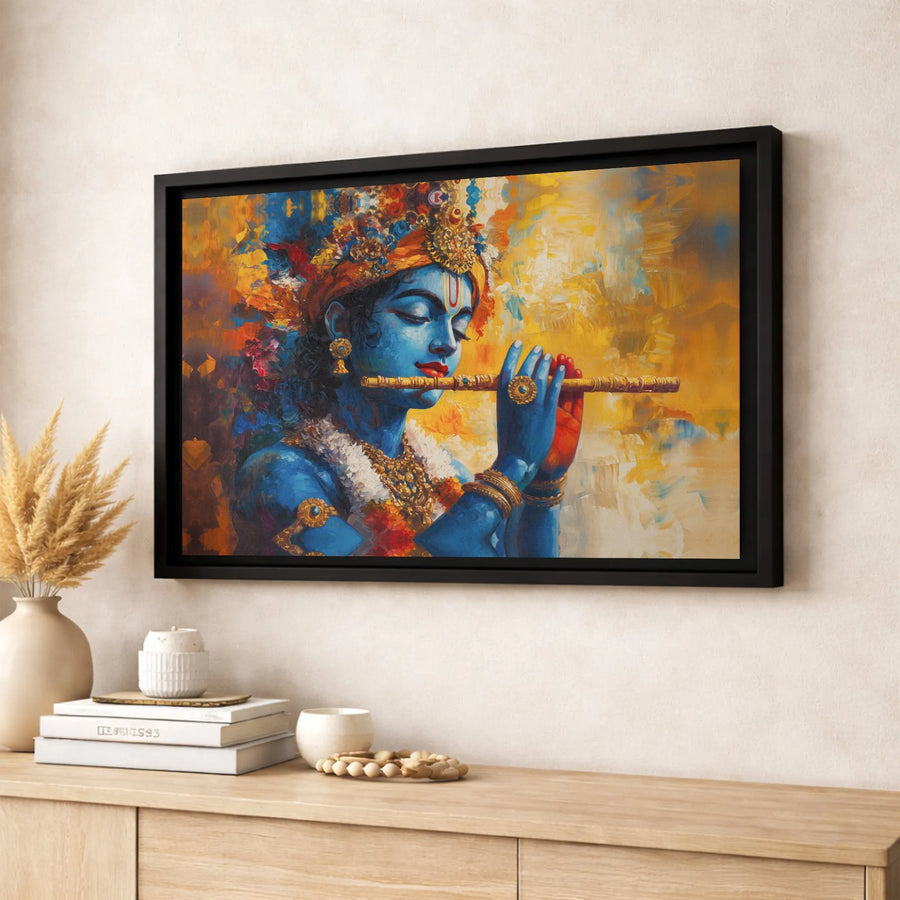 Lord Krishna Canvas Print | Abstract Hindu God Playing Flute | Premium Gallery-Wrapped Wall Art | Spiritual Home Decor Gift