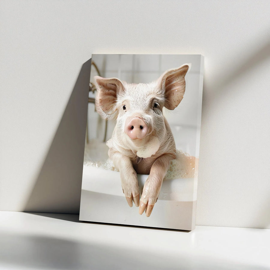 Cute Pig In Bathtub Wall Art | Funny Farmhouse Bathroom Decor | Premium Gallery Wrapped Canvas | Whimsical Animal Lover Gift