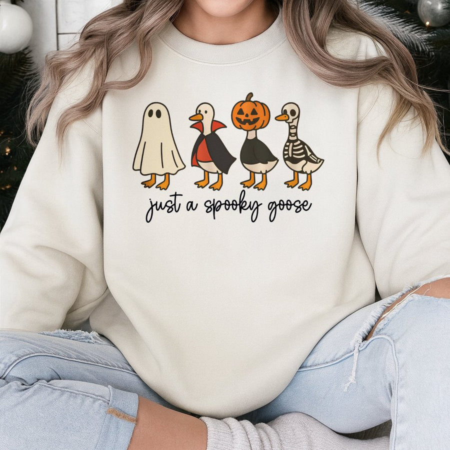 Just A Spooky Goose Sweatshirt | Funny Ghost Pumpkin Skeleton Duck Graphic | Premium Cotton Blend Crewneck | Halloween Gift For Goose Lovers