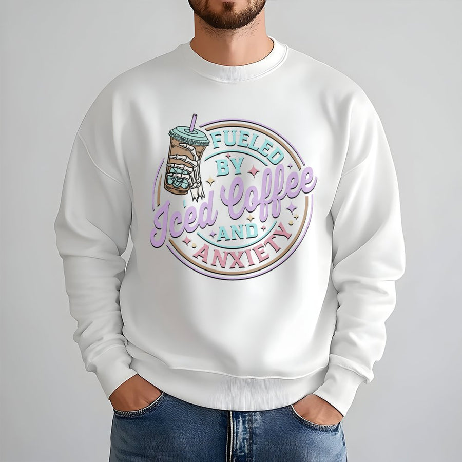 Fueled By Iced Coffee And Anxiety Sweatshirt | Skeleton Hand Aesthetic Graphic | Premium Cotton Blend | Gift For Coffee Lovers And Students