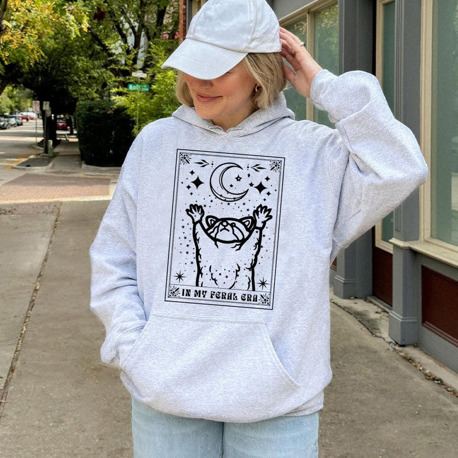 In My Feral Era Raccoon Hoodie | Tarot Card Aesthetic Graphic | Premium Cotton Blend Pullover | Cute Cottagecore Gift for Raccoon Lovers