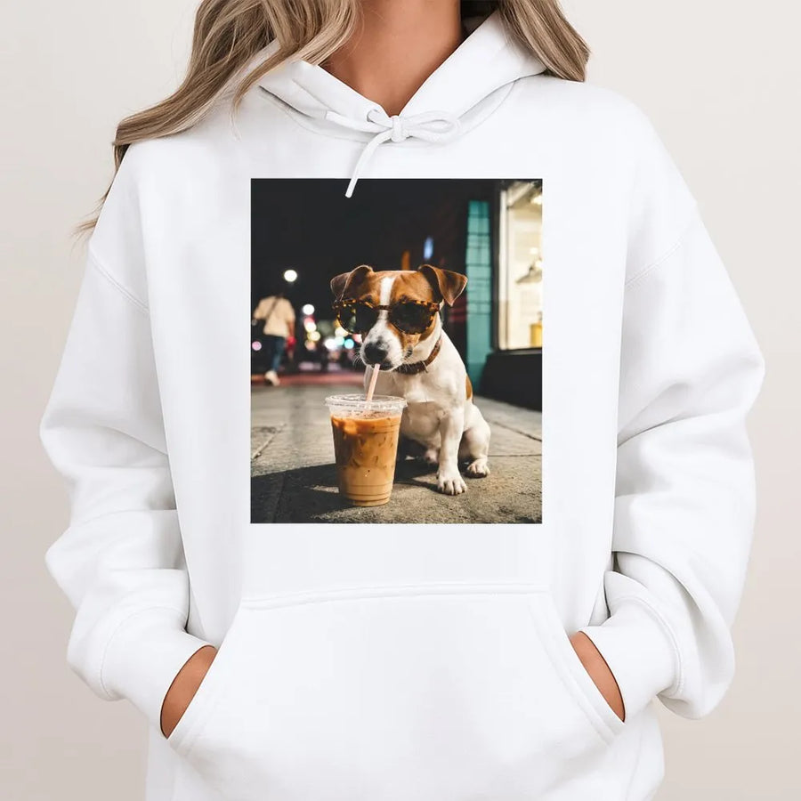 Funny Dog Iced Coffee Hoodie | Trendy Aesthetic Graphic Tee with Sunglasses | Premium Comfort Colors Cotton | Gift for Dog Mom and Coffee Lover