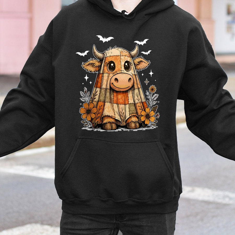 Highland Cow Ghost Hoodie | Cute Halloween Aesthetic Sweatshirt | Premium Cotton-Poly Blend | Spooky Fall Gift for Animal Lovers