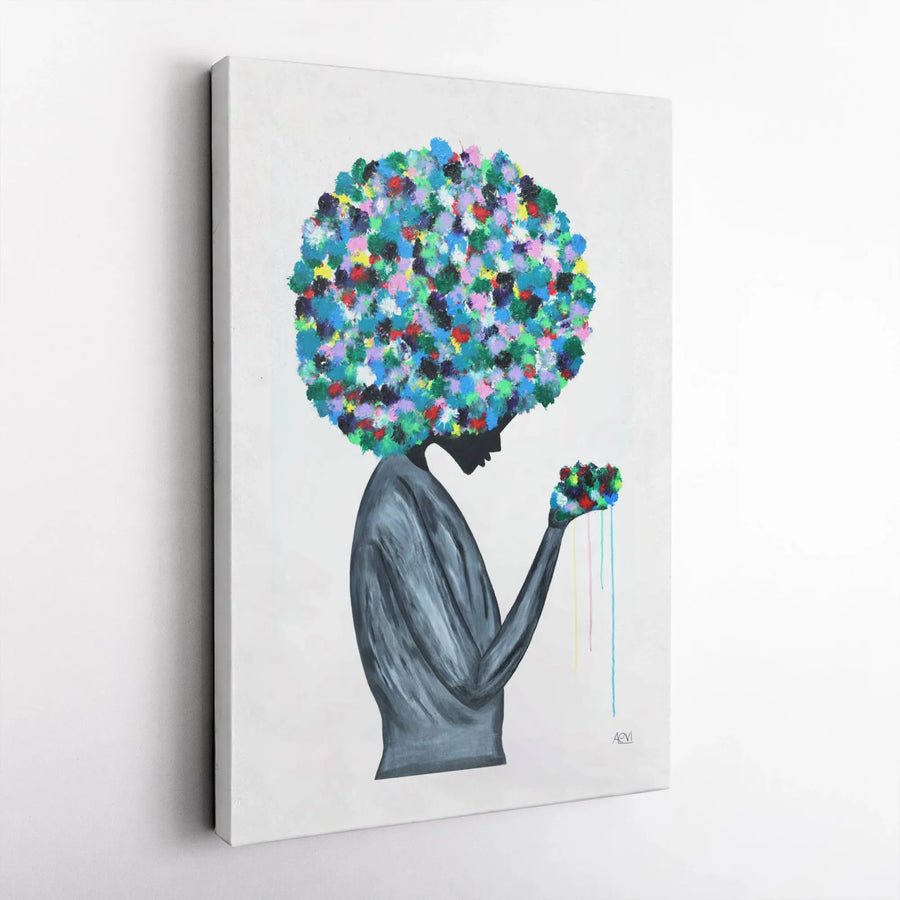 Abstract Black Woman Wall Art | Colorful Floral Afro Canvas Print | 1.25" Gallery Wrapped Premium Decor | Modern Minimalist Living Room Gift