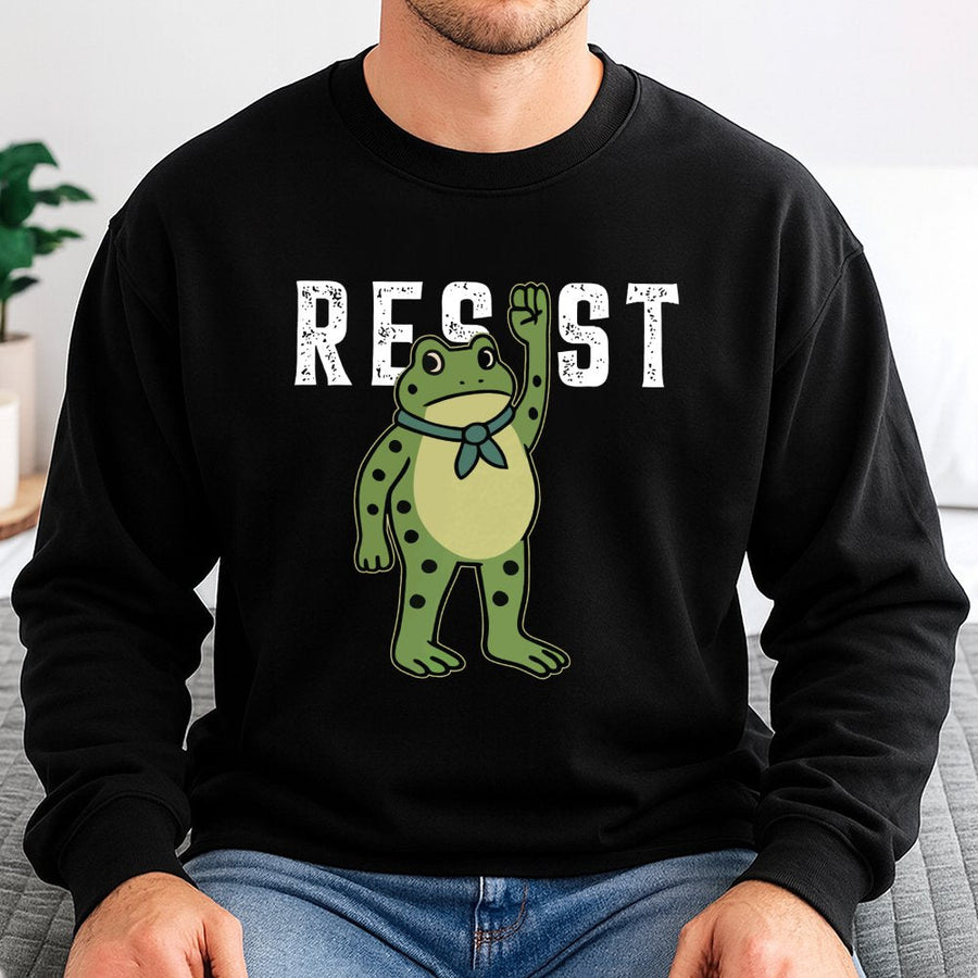 Resist Frog Sweatshirt | Cute Graphic Protest Art | Soft Cotton Blend Unisex Pullover | Activist Gift for Animal Lovers
