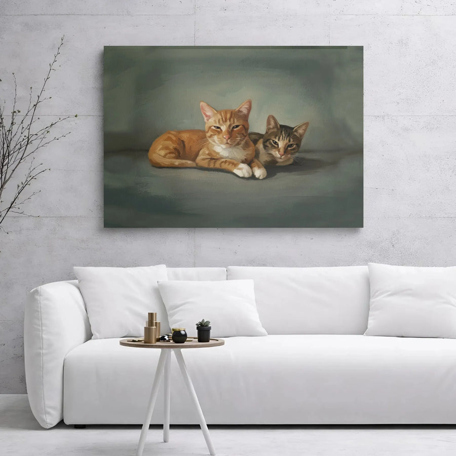 Two Tabby Cats Wall Art | Oil Painting Style Animal Portrait | Premium Gallery Wrapped Canvas | Cozy Home Decor Gift for Cat Lovers