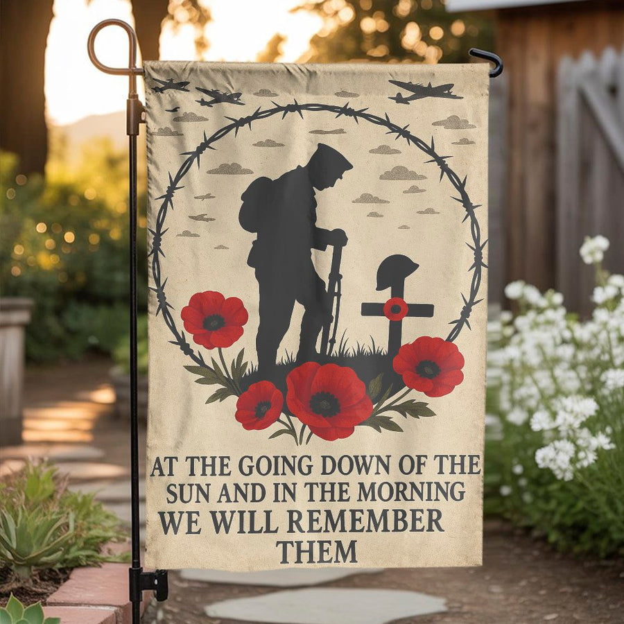 Remembrance Day Garden Flag | Lest We Forget Soldier Poppies Design | Weather-Resistant Polyester | Patriotic Memorial Gift For Veterans