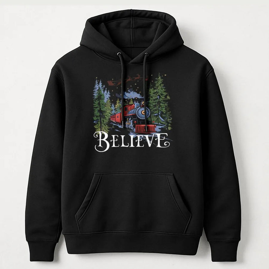 Believe Train Christmas Hoodie | Vintage Holiday Express Graphic | Premium Cotton Blend | Unisex Festive Gift for Train Lovers