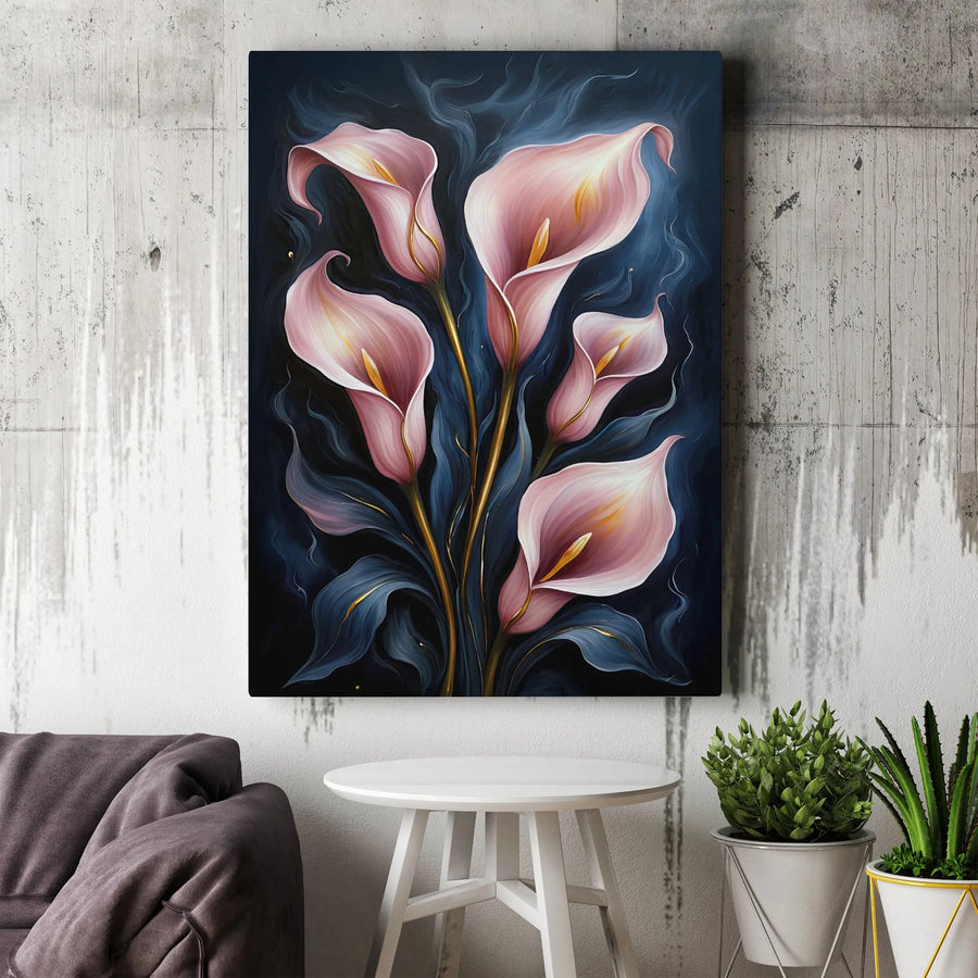 Pink Calla Lily Canvas Wall Art | Elegant Floral Painting with Gold Stems | Premium Gallery Wrap Decor | Sophisticated Botanical Home Gift