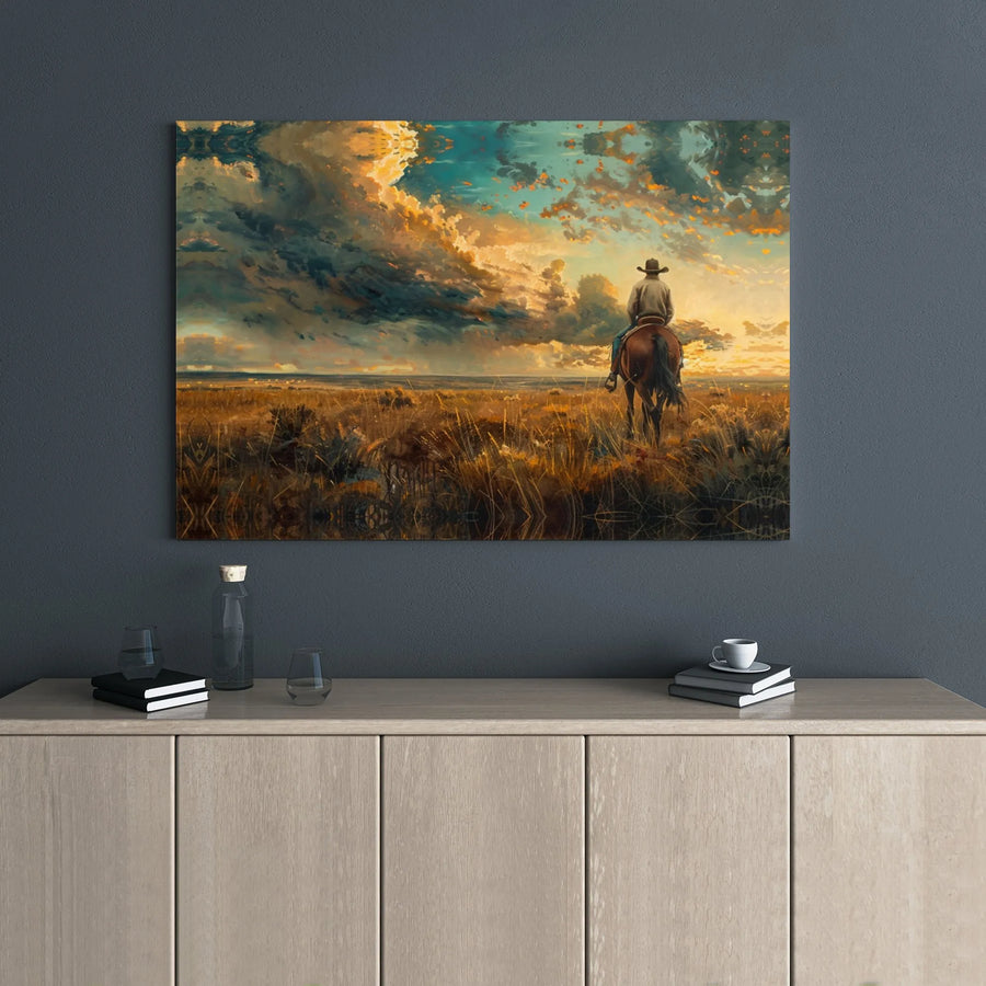 Lone Cowboy Canvas Wall Art | Western Sunset Landscape Print | Premium 1.25" Gallery Wrap | Southwestern Home Office Decor Gift