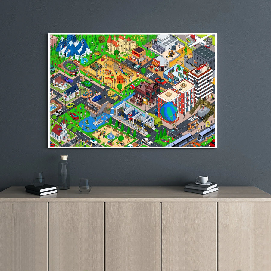 Isometric Cityscape Canvas | Natural Selection Pixel Art Print | Premium 1.25" Gallery Wrap | Unique Home Decor Gift For Gamers