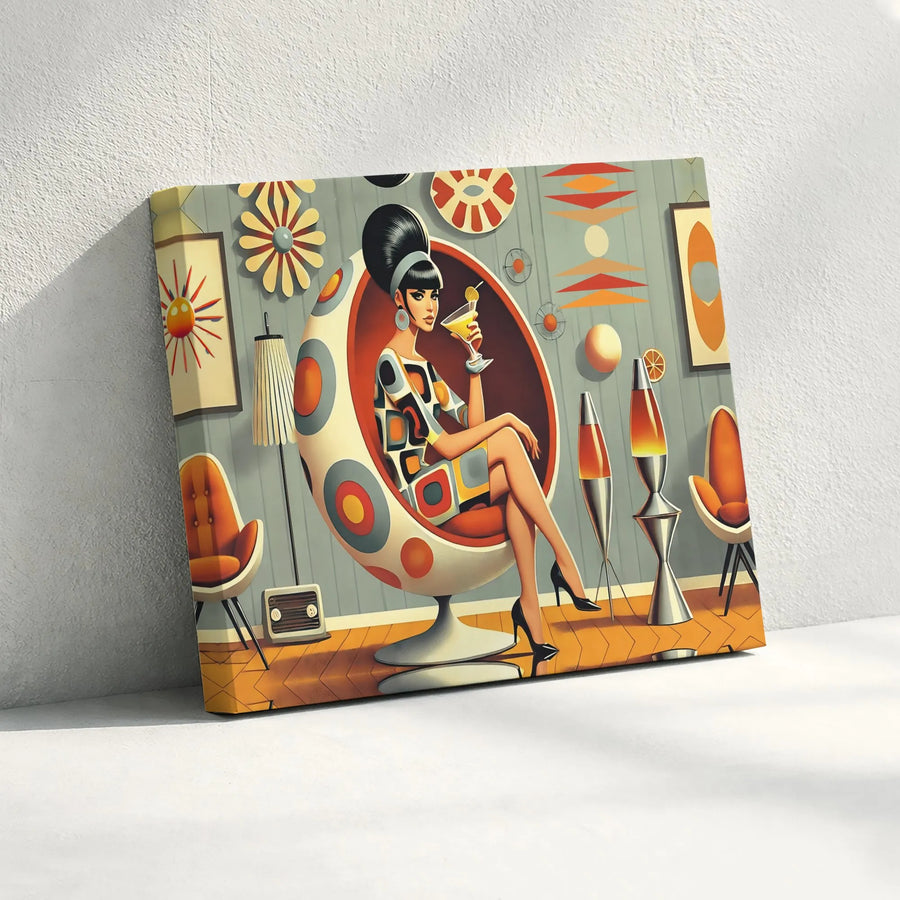 Mid-Century Modern Wall Art | Retro 1960s Woman Cocktail Lounge Print | Premium Gallery Wrapped Canvas | Vintage Style Home Decor Gift