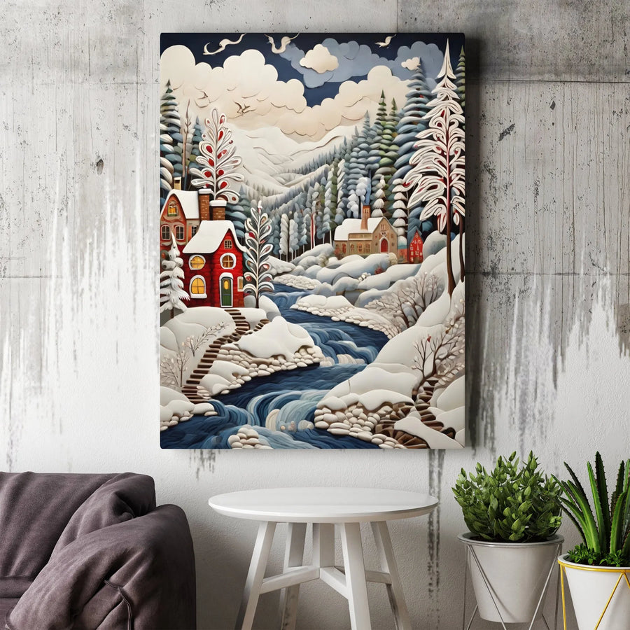 Winter Cabin Canvas Print | Quilling Paper Art Style Landscape | Premium Stretched Gallery Wrap | Holiday Home Decor Gift for Nature Lovers
