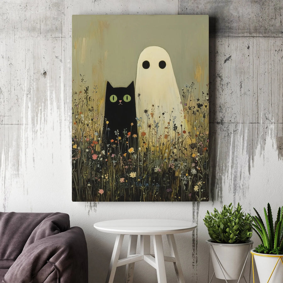 Black Cat and Ghost Canvas Art | Whimsical Spooky Wildflower Meadow | Premium Gallery Wrapped Print | Unique Fall Home Decor Gift