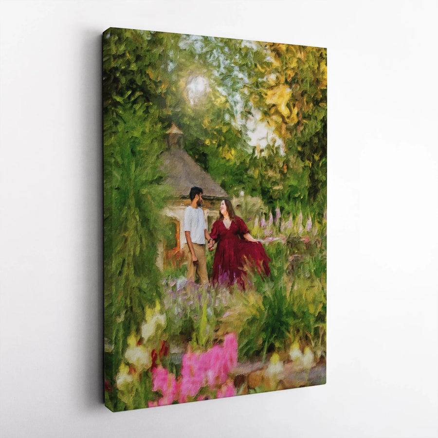 Romantic Couple Canvas Wall Art | Impressionist Garden Scene Print | Premium Gallery Wrapped Canvas | Anniversary Gift for Him or Her
