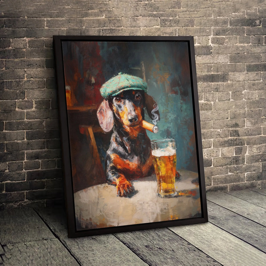 Dachshund Smoking Cigar Canvas Art | Funny Dog Drinking Beer Painting | Premium Gallery-Wrapped Wall Decor | Unique Gift for Dog Lovers & Pub Owners