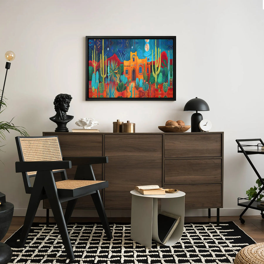 Southwestern Desert Canvas Wall Art | Psychedelic Cactus Adobe Hacienda Landscape | Premium Fade-Resistant Print | Bohemian Home Decor Gift