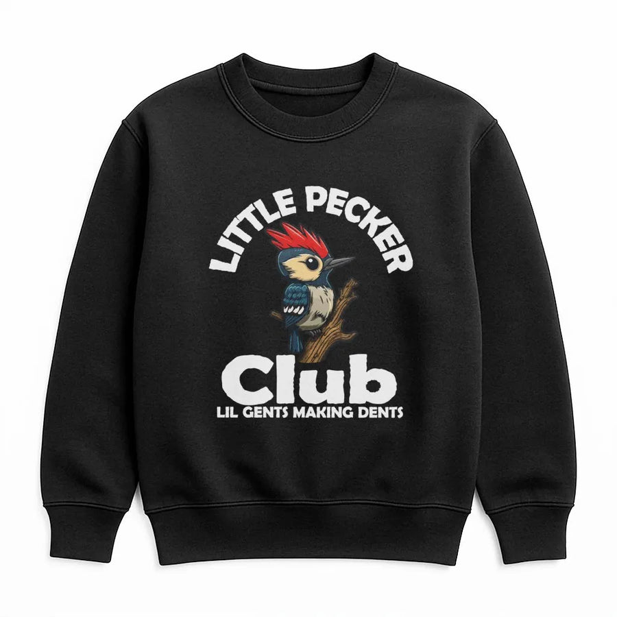 Little Pecker Club Sweatshirt | Funny Woodpecker Nature Pun Graphic | Premium Cotton Blend Crewneck | Humorous Bird Lover Gift