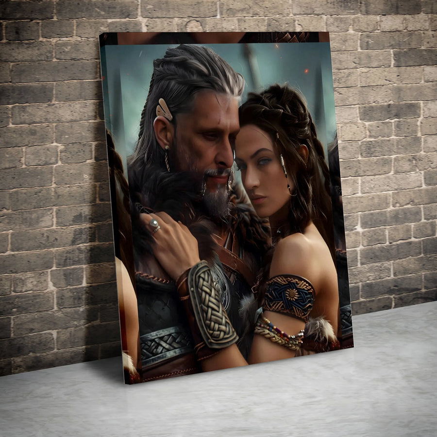 Viking Warrior Couple Canvas Wall Art | Romantic Fantasy Portrait | Premium Gallery-Wrapped Print | Gift For Nordic Mythology Fans