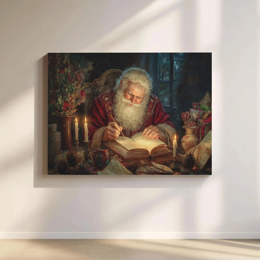 Santa Claus Writing Naughty Or Nice List | Vintage Oil Painting Style | Premium Gallery Wrap Canvas | Festive Holiday Wall Decor Gift