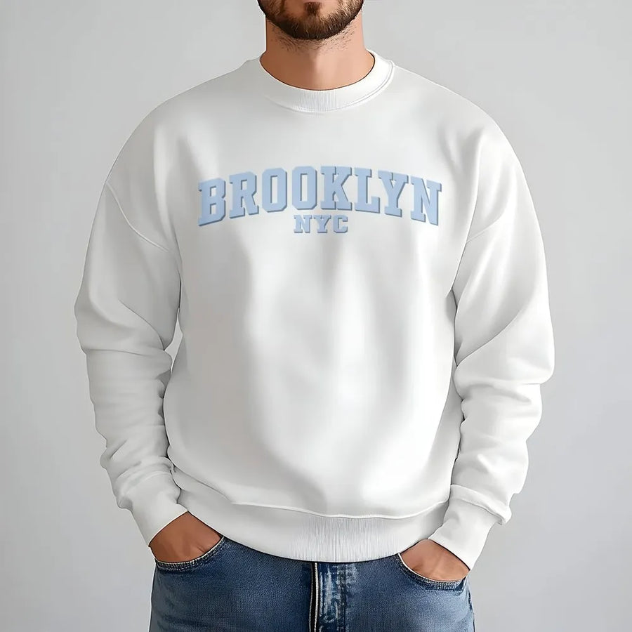 Brooklyn NYC Sweatshirt | Collegiate Letter Graphic Print | Unisex Premium Cotton Blend Crewneck | Vintage Inspired New York Travel Gift