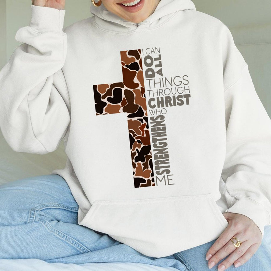 I Can Do All Things Through Christ Hoodie | Leopard Print Cross Bible Verse Design | Premium Cotton Blend | Christian Faith Gift for Men & Women