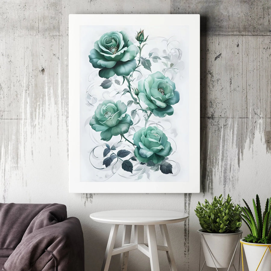 Teal Rose Wall Art Canvas | Elegant Floral Vine Botanical Print | Premium Fade-Resistant Gallery Wrap | Modern Home Decor Gift