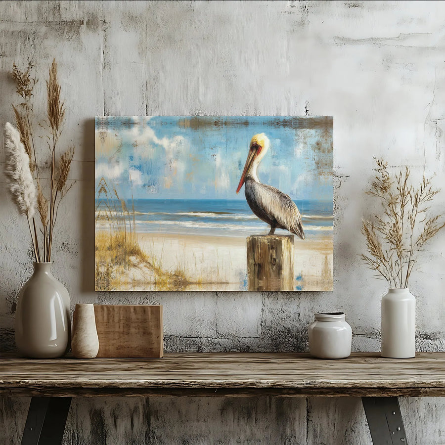 Coastal Pelican Canvas Wall Art | Vintage Seaside Painting on Post | Premium Gallery Wrapped Canvas | Beach House Living Room Decor Gift