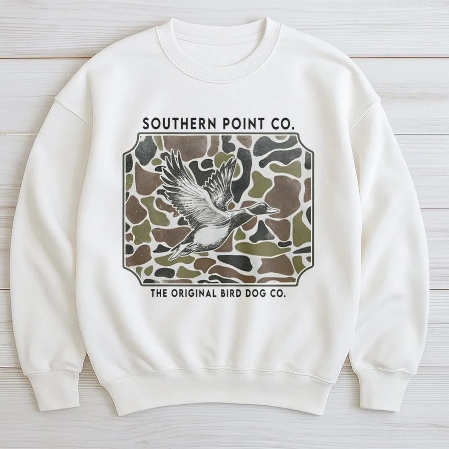 Duck Hunting Sweatshirt | Camo Flying Mallard Graphic Print | Premium Cotton Blend | Gift for Outdoorsmen and Wildlife Enthusiasts
