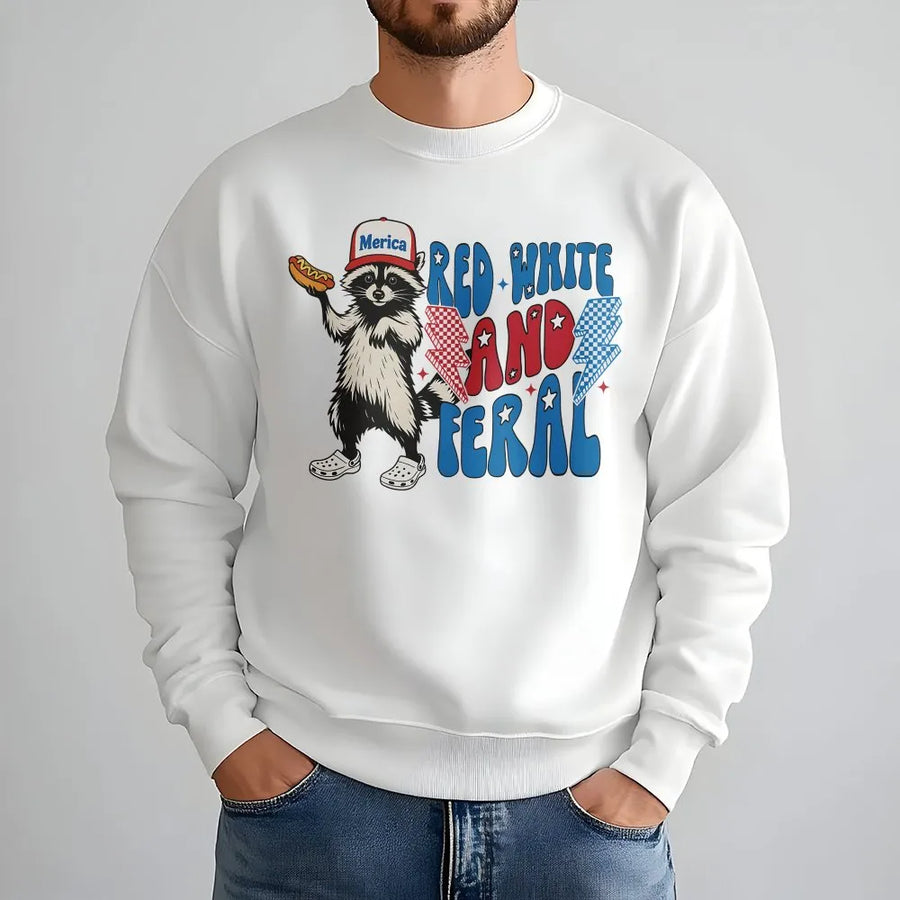 Red White and Feral Sweatshirt | Funny Patriotic Raccoon Graphic | Premium Cotton Blend | 4th of July Independence Day Gift