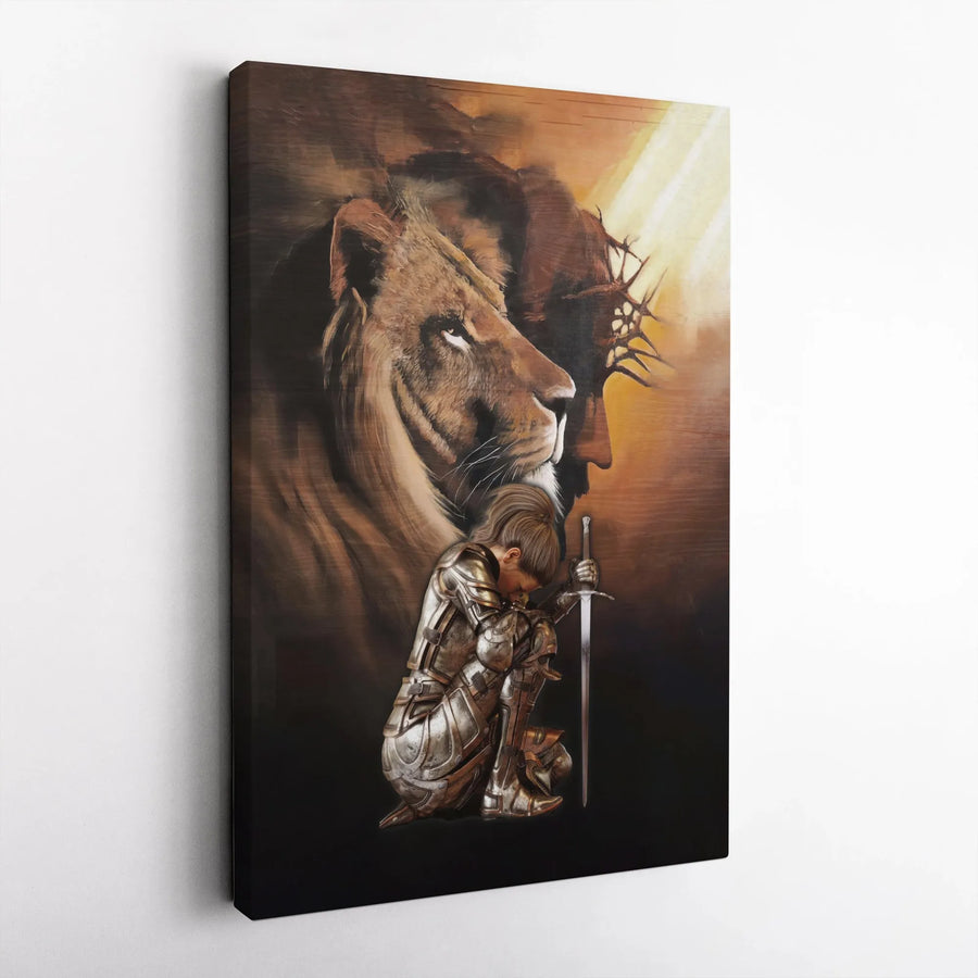 Religious Canvas Wall Art | Kneeling Knight with Lion and Jesus Portrait | 1.25 Inch Gallery Wrap | Christian Home Decor Gift