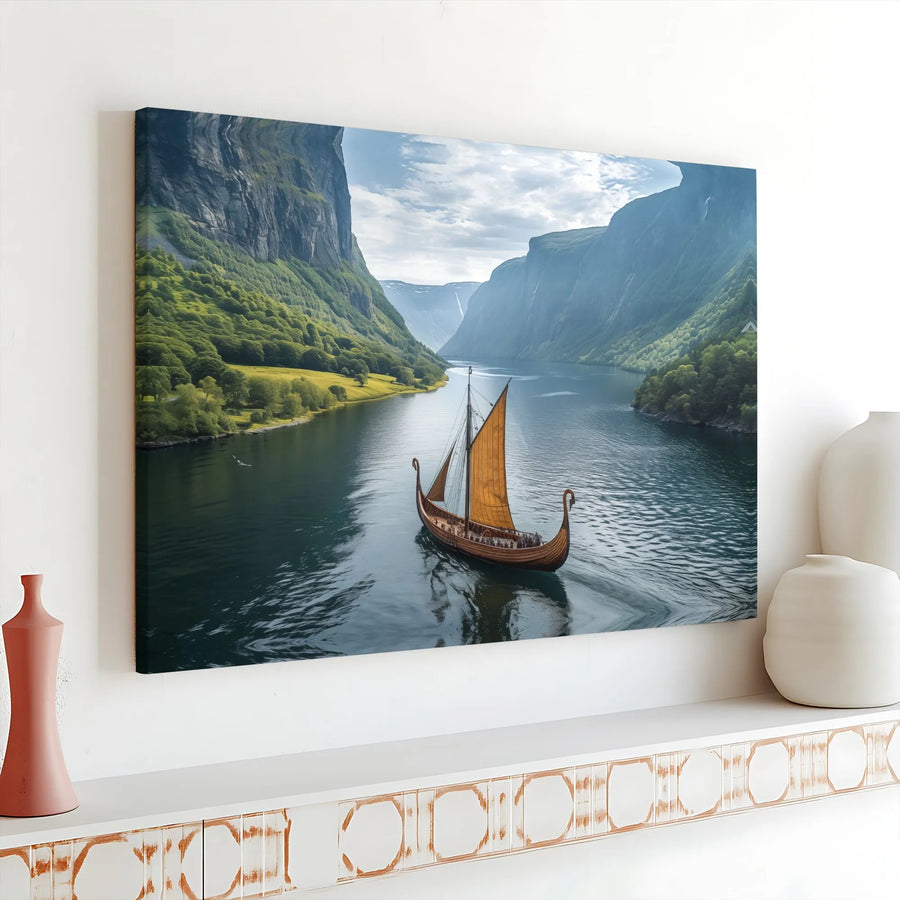Viking Longship Canvas Print | Norwegian Fjord Landscape Wall Art | Premium 1.25-inch Gallery Wrap | Historical Nautical Decor for Home Office