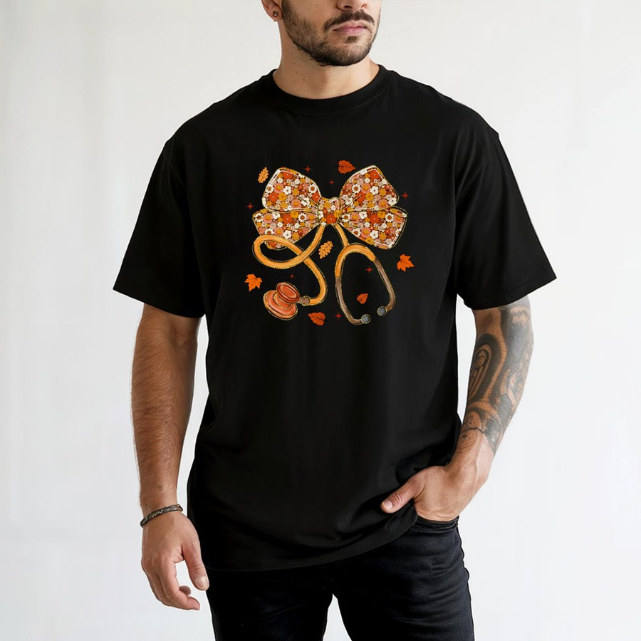 Nurse Stethoscope T-Shirt | Floral Bow Fall Design | 100% Cotton Premium Tee | Gift for Doctors, Nursing Students & Medical Staff