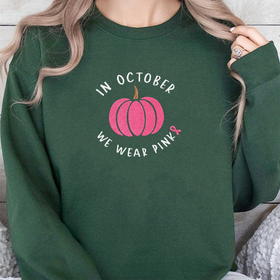 In October We Wear Pink Sweatshirt | Breast Cancer Awareness Pumpkin Design | Premium Cotton Blend Fleece | Supportive Gift For Survivors And Supporters